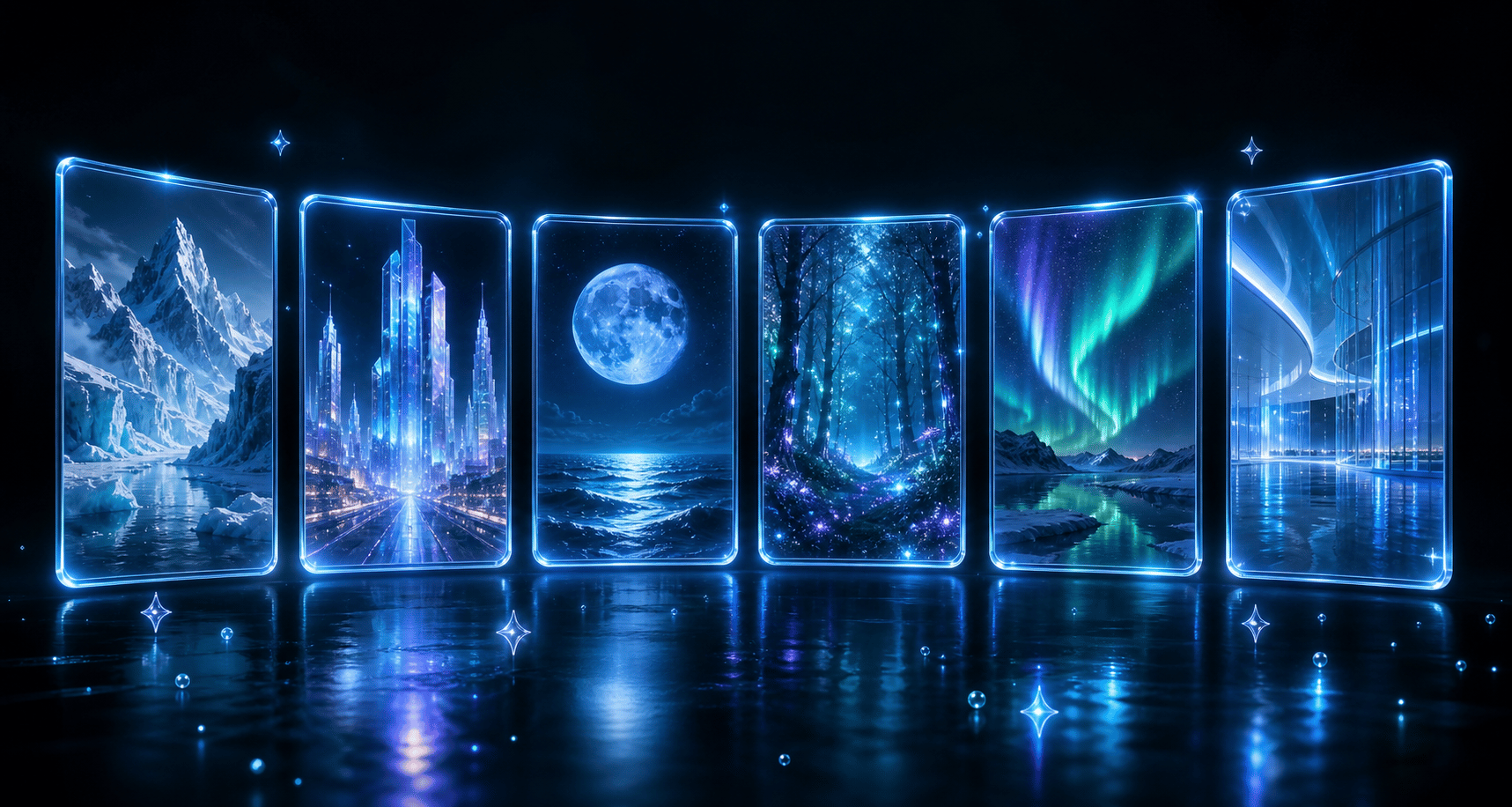 Floating vertical AI video sample cards